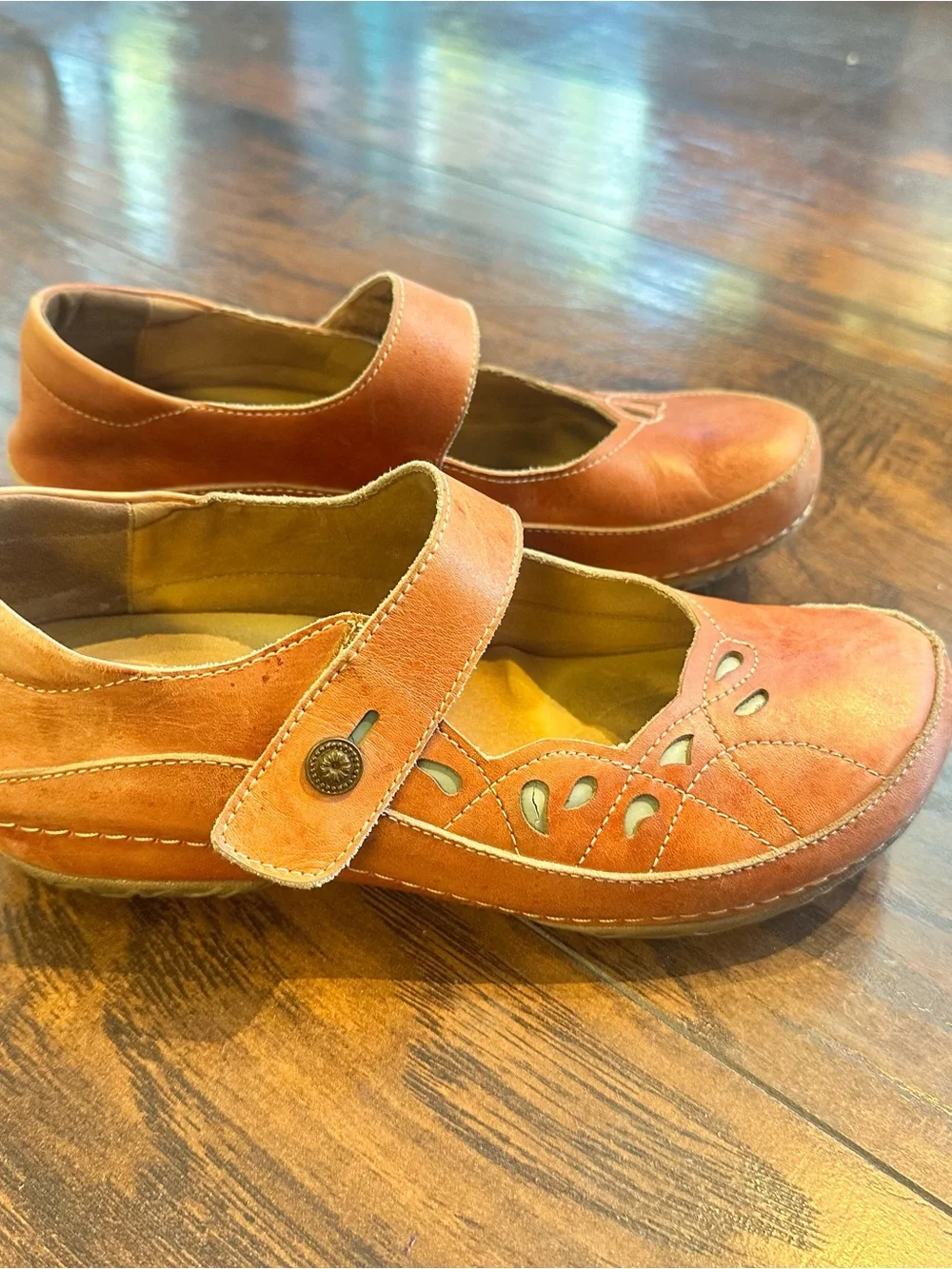 Leather Mary Jane Flats in Coral-Tan with Strap